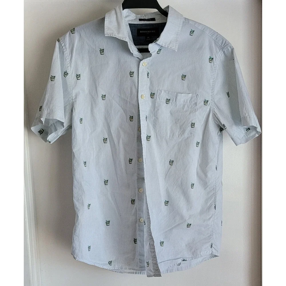 Banana Republic Men M Striped Cotton Shirt Short Sleeve White Blue Button-Up